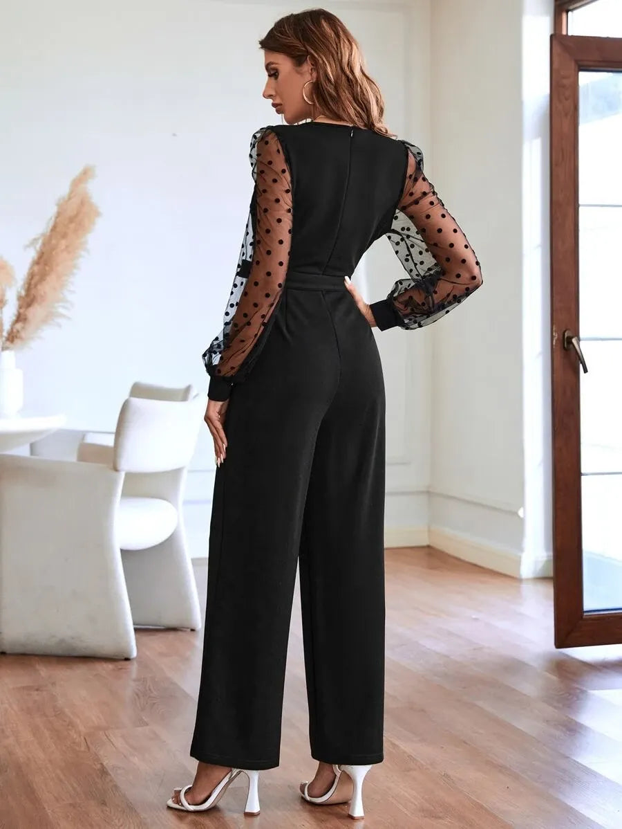 SHEIN Clasi جمبسوت نسائي بياقة وأكمام فانوس وساق واسعة بلون الأسود والأبيض
