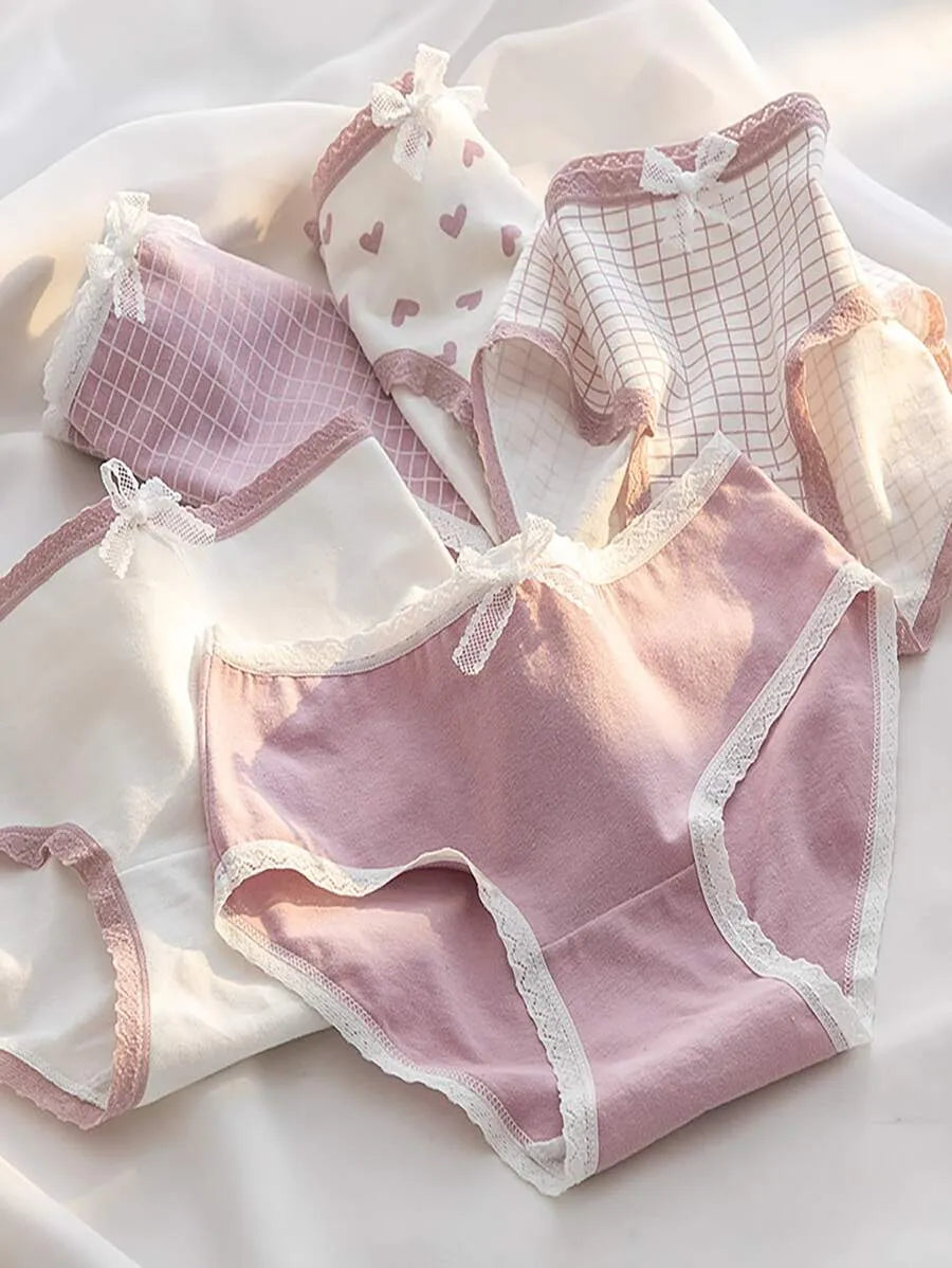 SHEIN سراويل داخلية نسائية من 5 قطع بخصر متوسط مزينة بفيونكة ومتعدد الألوان