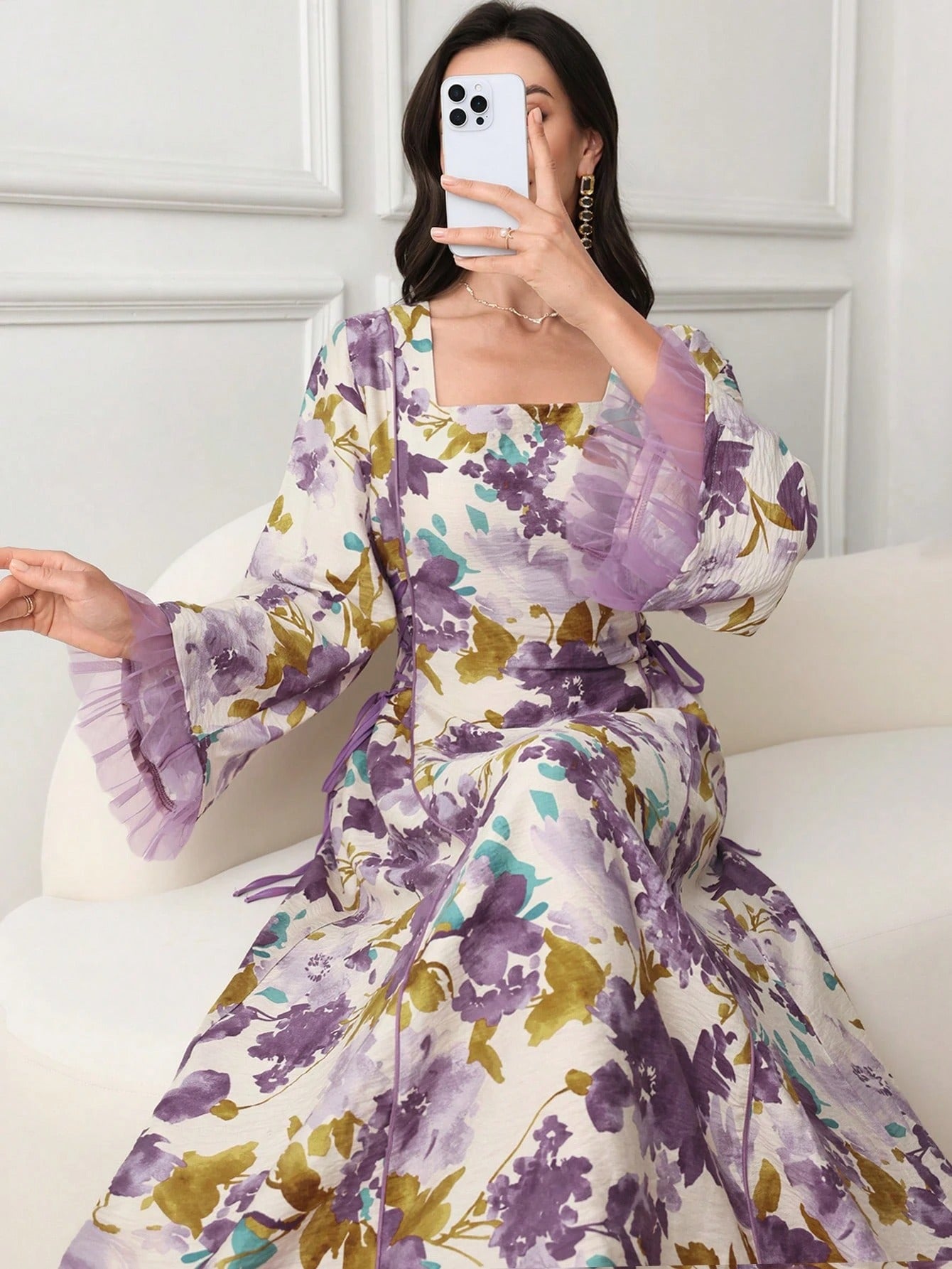SHEIN Najma فستان مطبوع طراز عربي مربوط الخصر