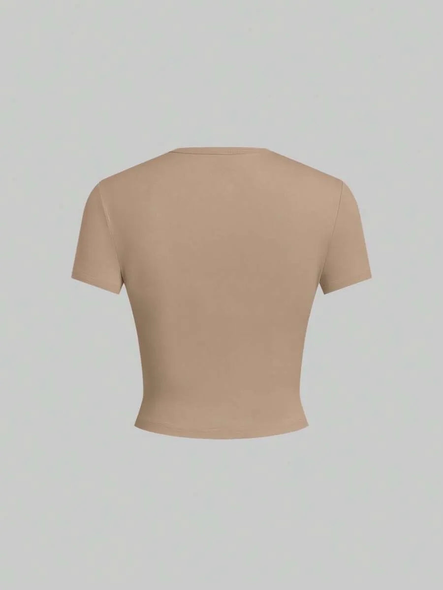 SHEIN EZwear مجموعة 5 قطع تي شيرت نسائي بأكمام قصيرة وياقة دائرية بلون بني