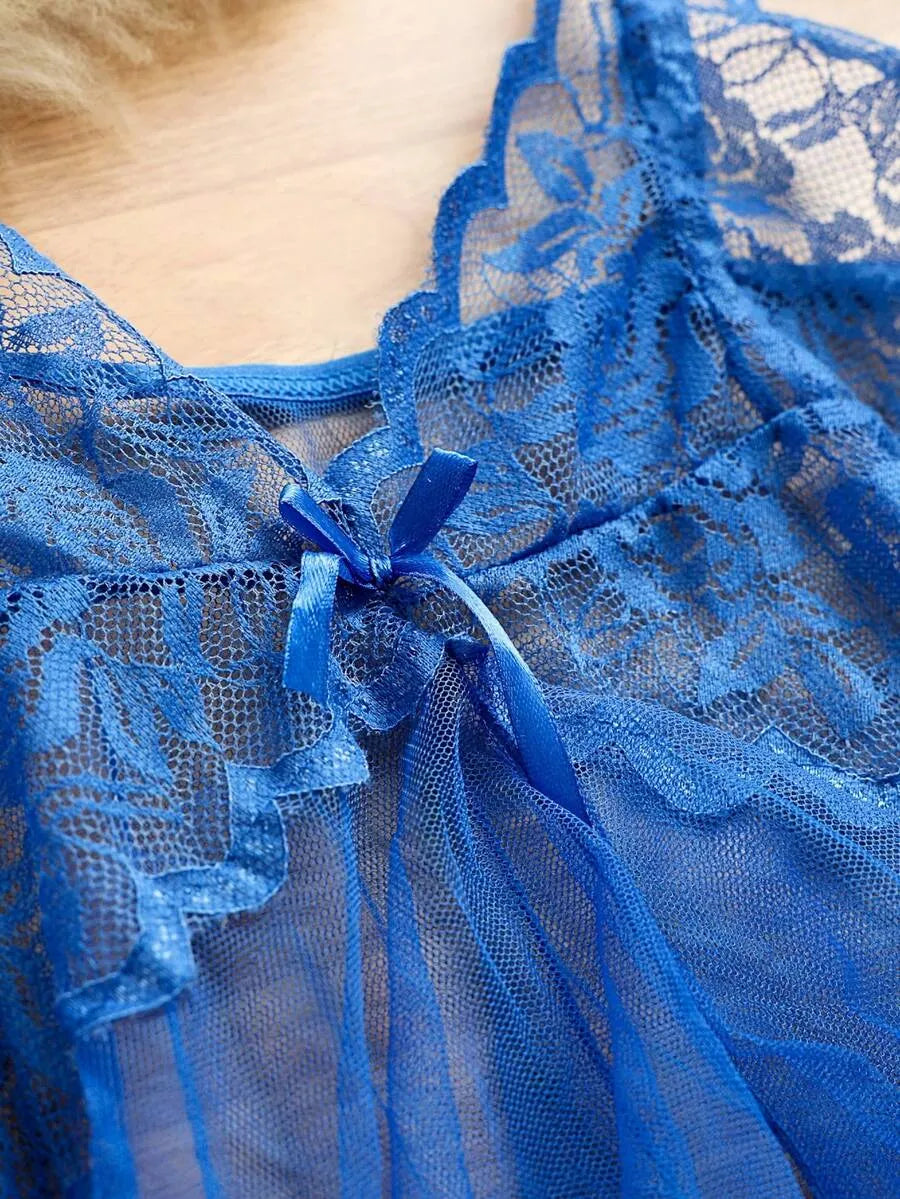 SHEIN طقم لانجري شبك شفاف 2 قطعة بحمالات قابلة للتعديل بلون أزرق غامق