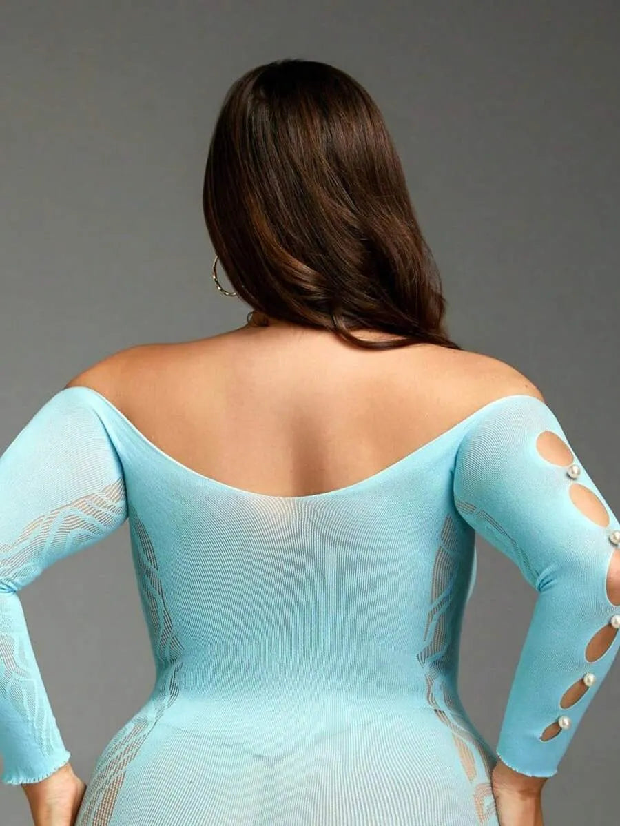 SHEIN جمبسوت دانتيل وشبك سمكي بدون حمالات بخصر عالٍ بلون أزرق