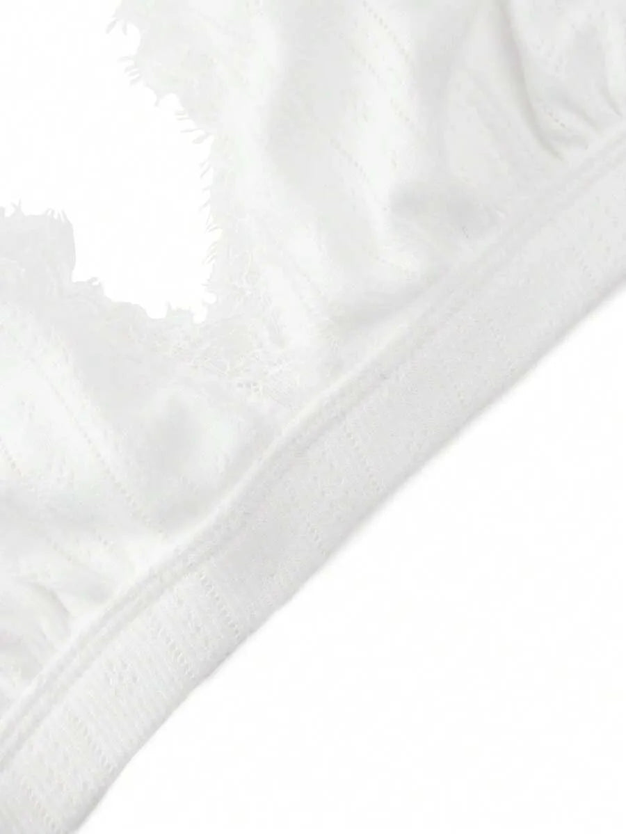 SHEIN Ocili حمالة صدر لاسلكية من القطن مزينة بدانتيل وفيونكة بلون أبيض