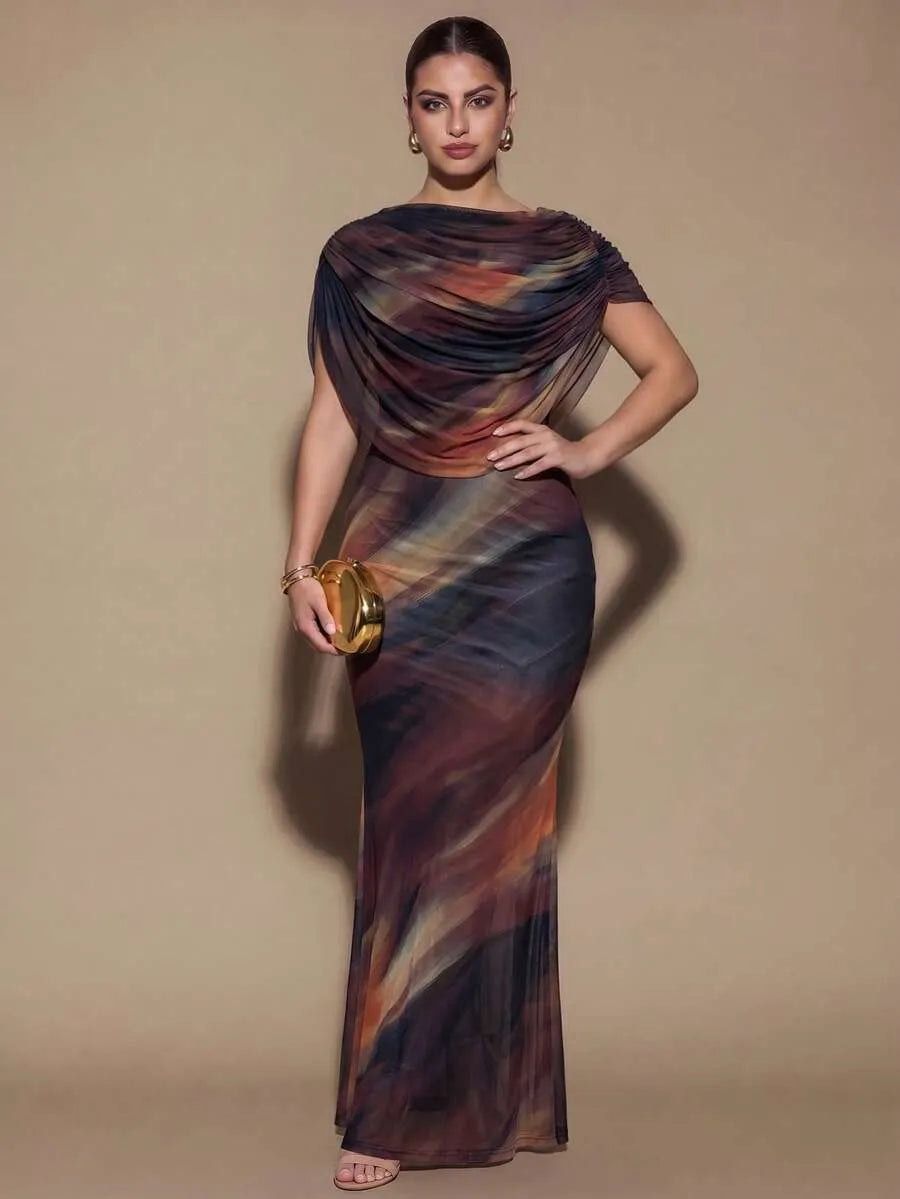 SHEIN BAE CURVE فستان نسائي بياقة غير متماثلة وشق جانبي بلون بني