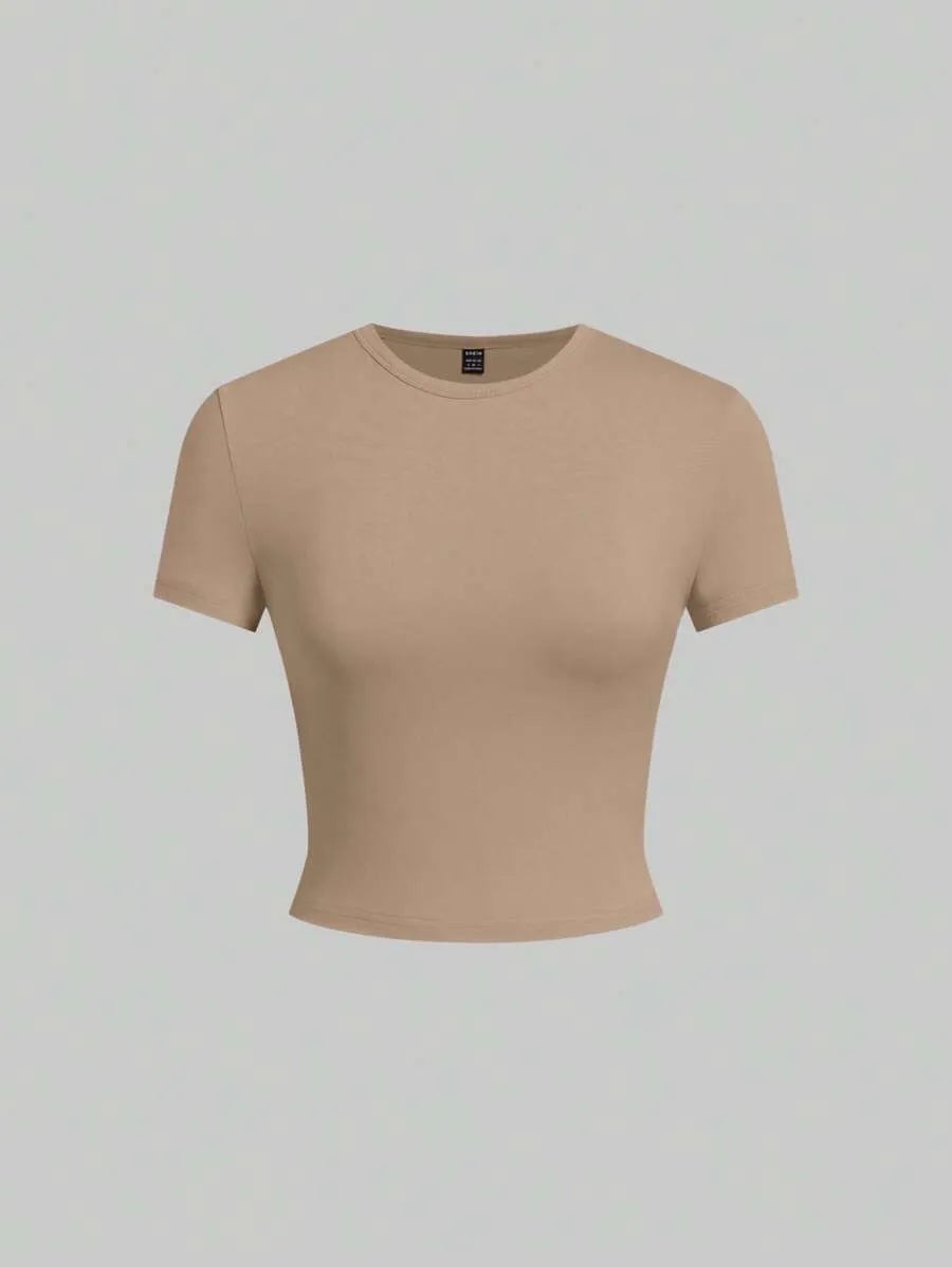 SHEIN EZwear مجموعة 5 قطع تي شيرت نسائي بأكمام قصيرة وياقة دائرية بلون بني