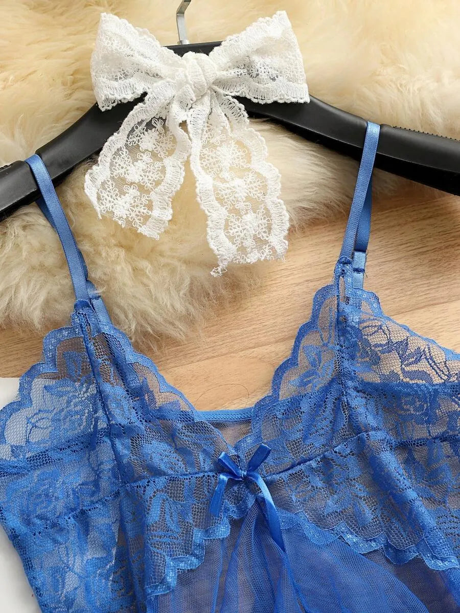SHEIN طقم لانجري شبك شفاف 2 قطعة بحمالات قابلة للتعديل بلون أزرق غامق
