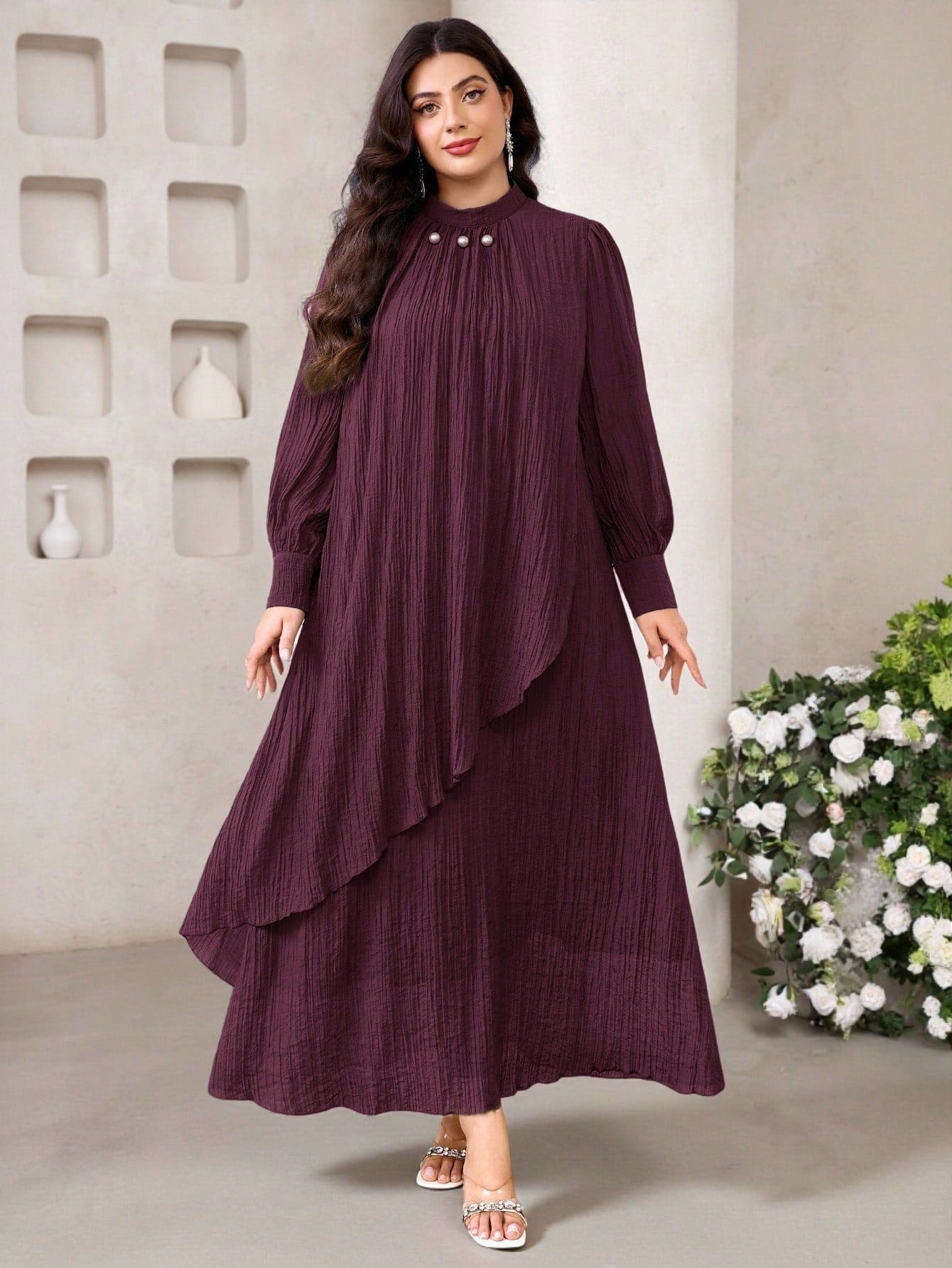 SHEIN Veilorie فستان كاجوال فضفاض بياقة عالية وأكمام طويلة مقاسات كبيرة