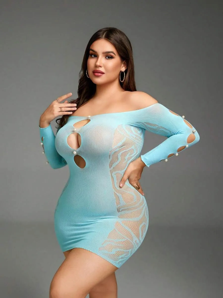 SHEIN جمبسوت لانجري نسائي شبكي شفاف طويل بحمالات قابلة للتعديل وخصر عالٍ بلون أزرق