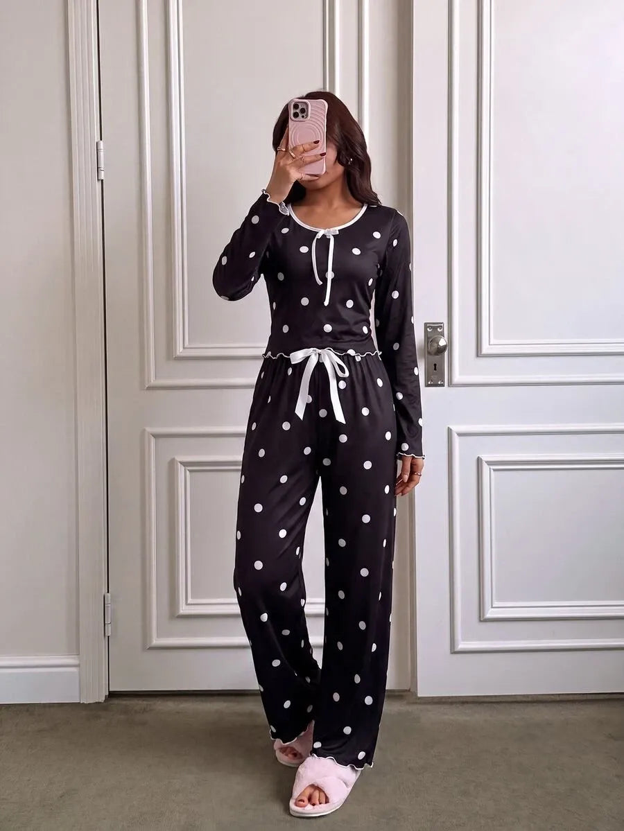 SHEIN Dream Adore طقم بيجامة قطعتين بنقشة نقاط بولكا بلون أسود