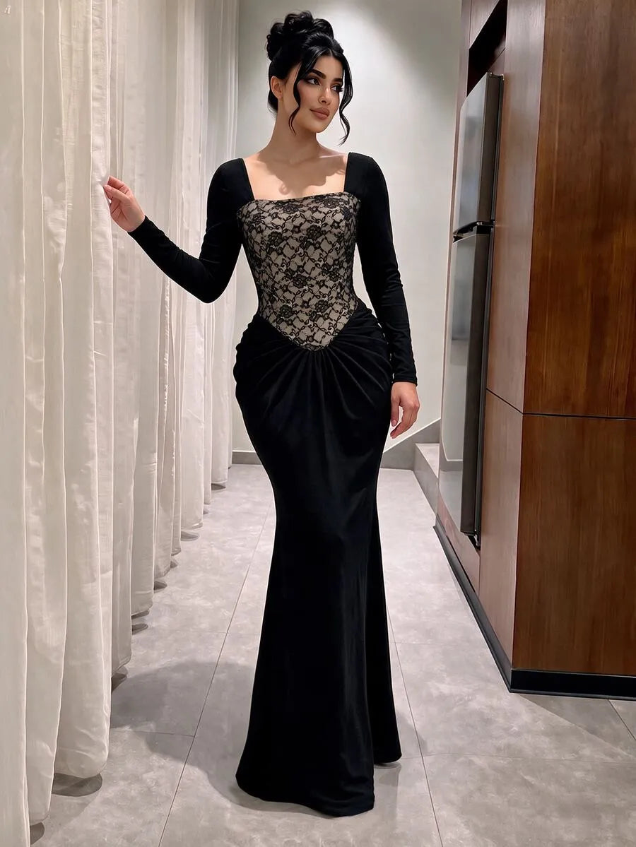 SHEIN Modelyn فستان مخملي ماكسي بياقة مربعة وكورسيه دانتيل وخصر مكشكش بلون أسود