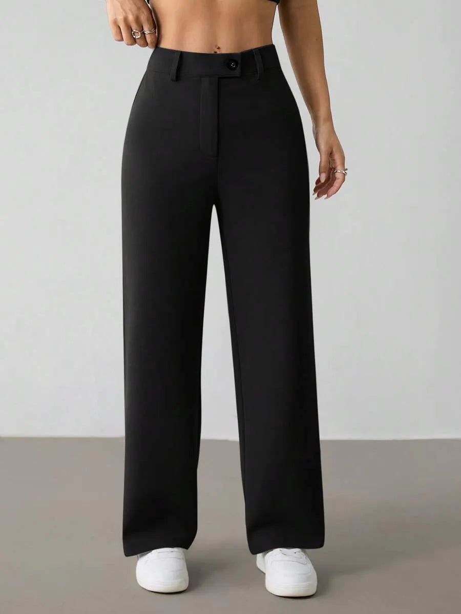 SHEIN PETITE بنطلون بلون الأسود طويل واسع الساق بخصر عالي
