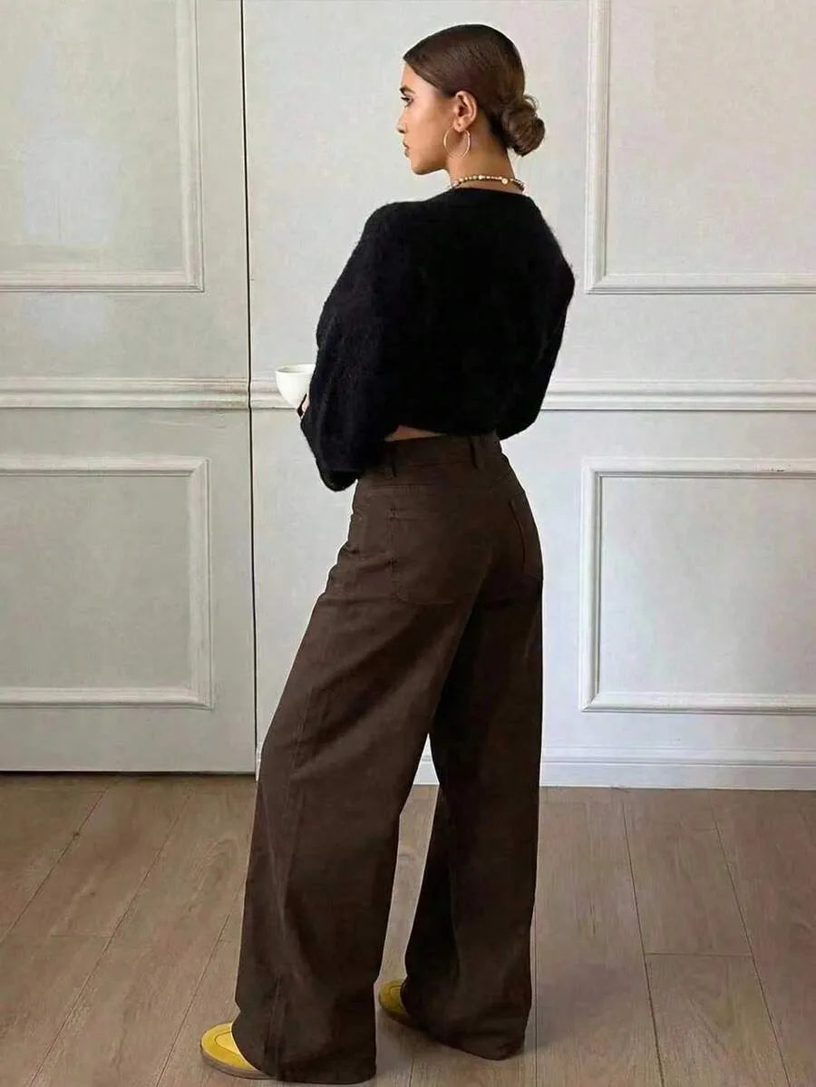 SHEIN Livesso بنطلون جينز واسع الساق بجيوب بلون بني