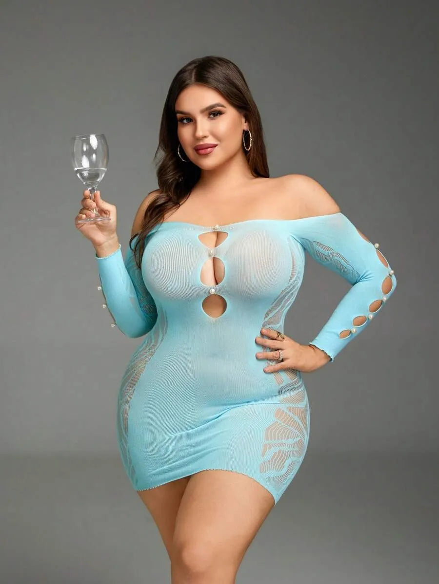 SHEIN جمبسوت لانجري نسائي شبكي شفاف طويل بحمالات قابلة للتعديل وخصر عالٍ بلون أزرق