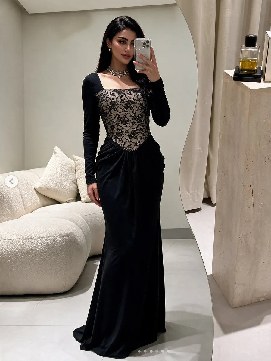 SHEIN Modelyn فستان مخملي ماكسي بياقة مربعة وكورسيه دانتيل وخصر مكشكش بلون أسود