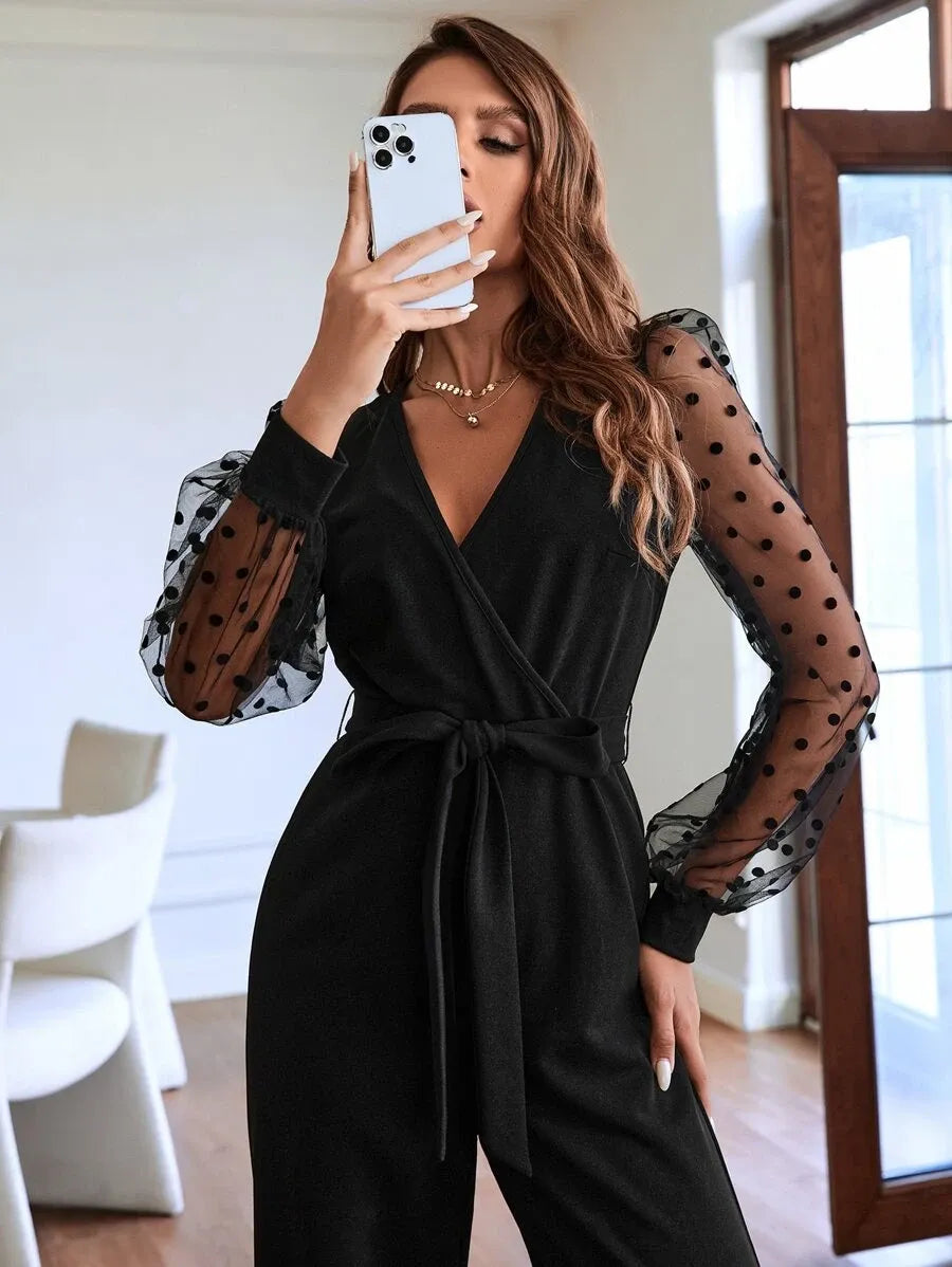 SHEIN Clasi جمبسوت نسائي بياقة وأكمام فانوس وساق واسعة بلون الأسود والأبيض
