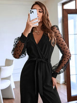SHEIN Clasi جمبسوت نسائي بياقة وأكمام فانوس وساق واسعة بلون الأسود والأبيض