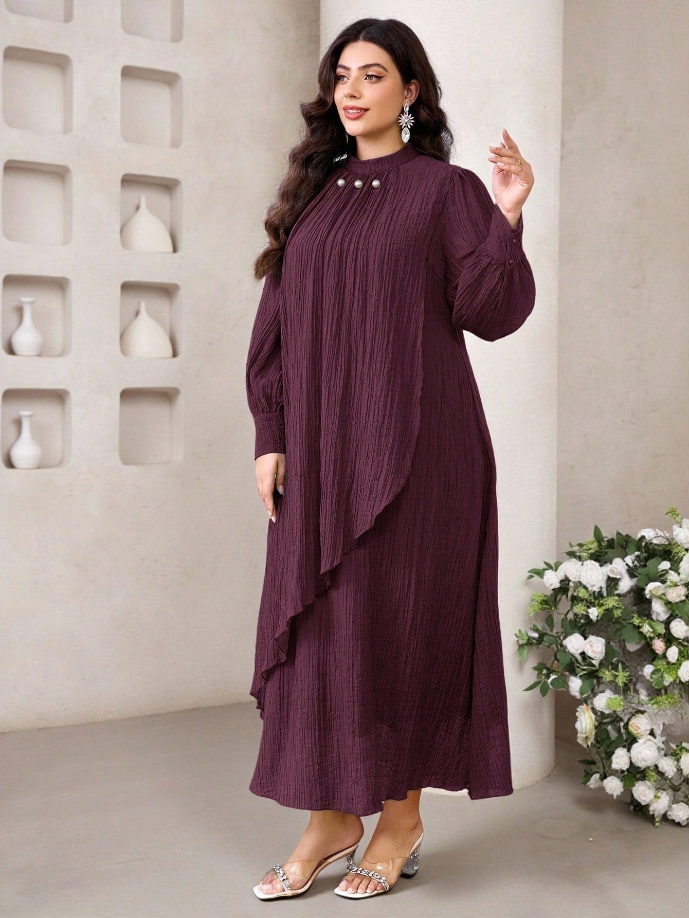 SHEIN Veilorie فستان كاجوال فضفاض بياقة عالية وأكمام طويلة مقاسات كبيرة