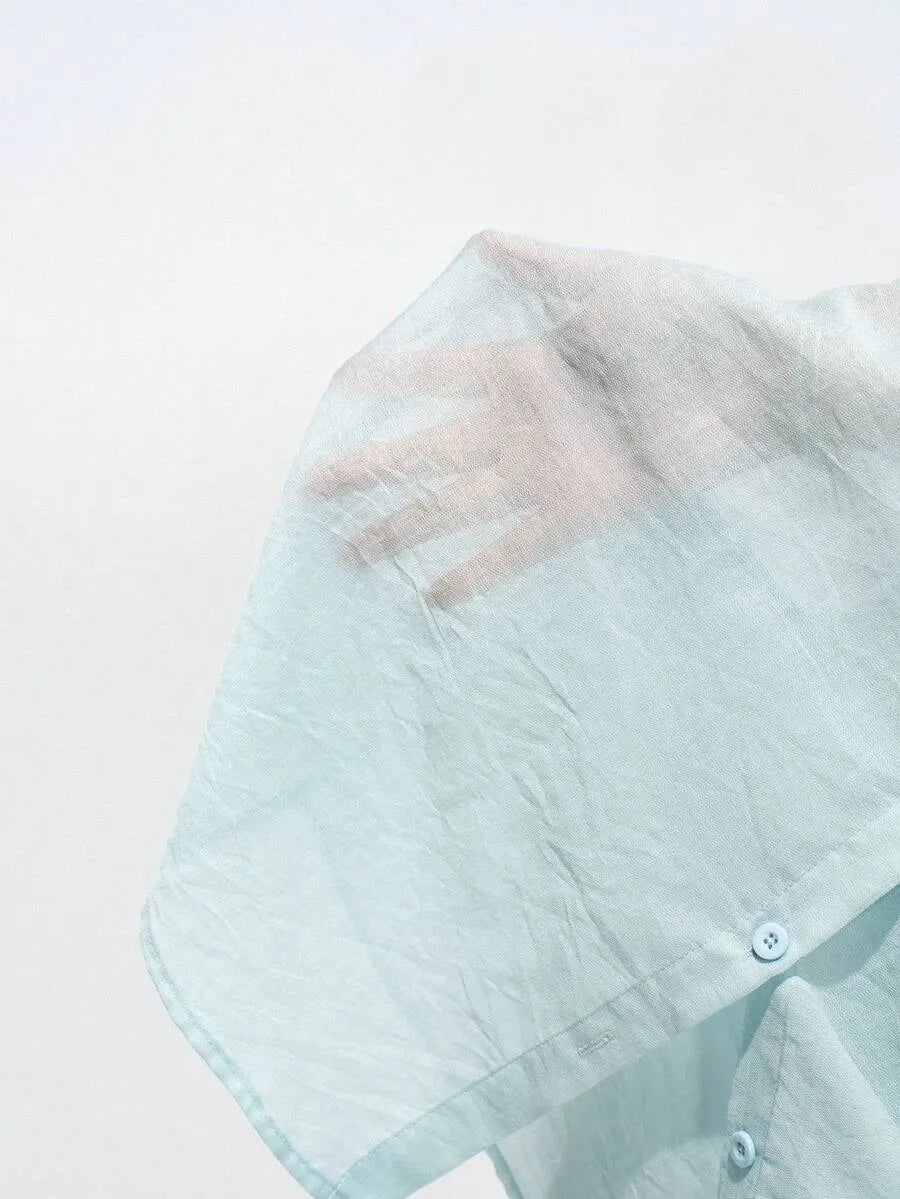 SHEIN Lumivelle قميص نسائي فضفاض شفاف بأزرار وجيب وأكمام 3/4 بلون أزرق