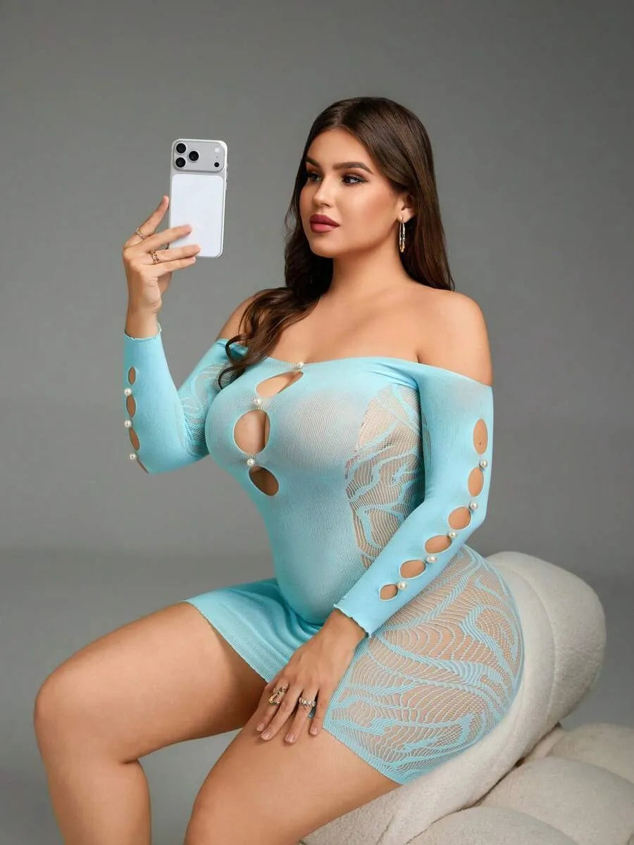 SHEIN جمبسوت لانجري نسائي شبكي شفاف طويل بحمالات قابلة للتعديل وخصر عالٍ بلون أزرق