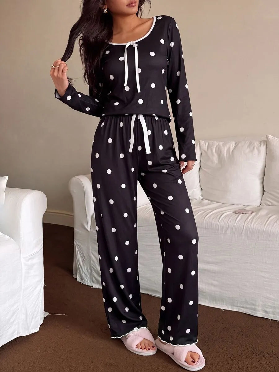 SHEIN Dream Adore طقم بيجامة قطعتين بنقشة نقاط بولكا بلون أسود