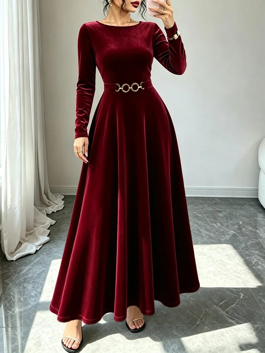 SHEIN Elenzya فستان نسائي من المخمل المحبوك بياقة دائرية وأكمام طويلة وحزام بلون عنابي