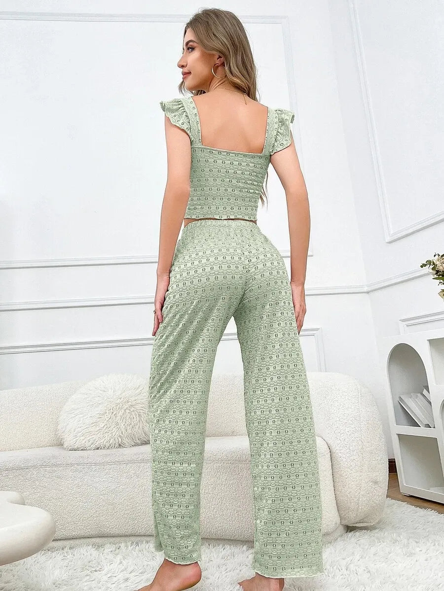 SHEIN Côtesoire طقم نوم 2 قطعة بلون أخضر توب قصير وبنطلون طويل ودانتيل