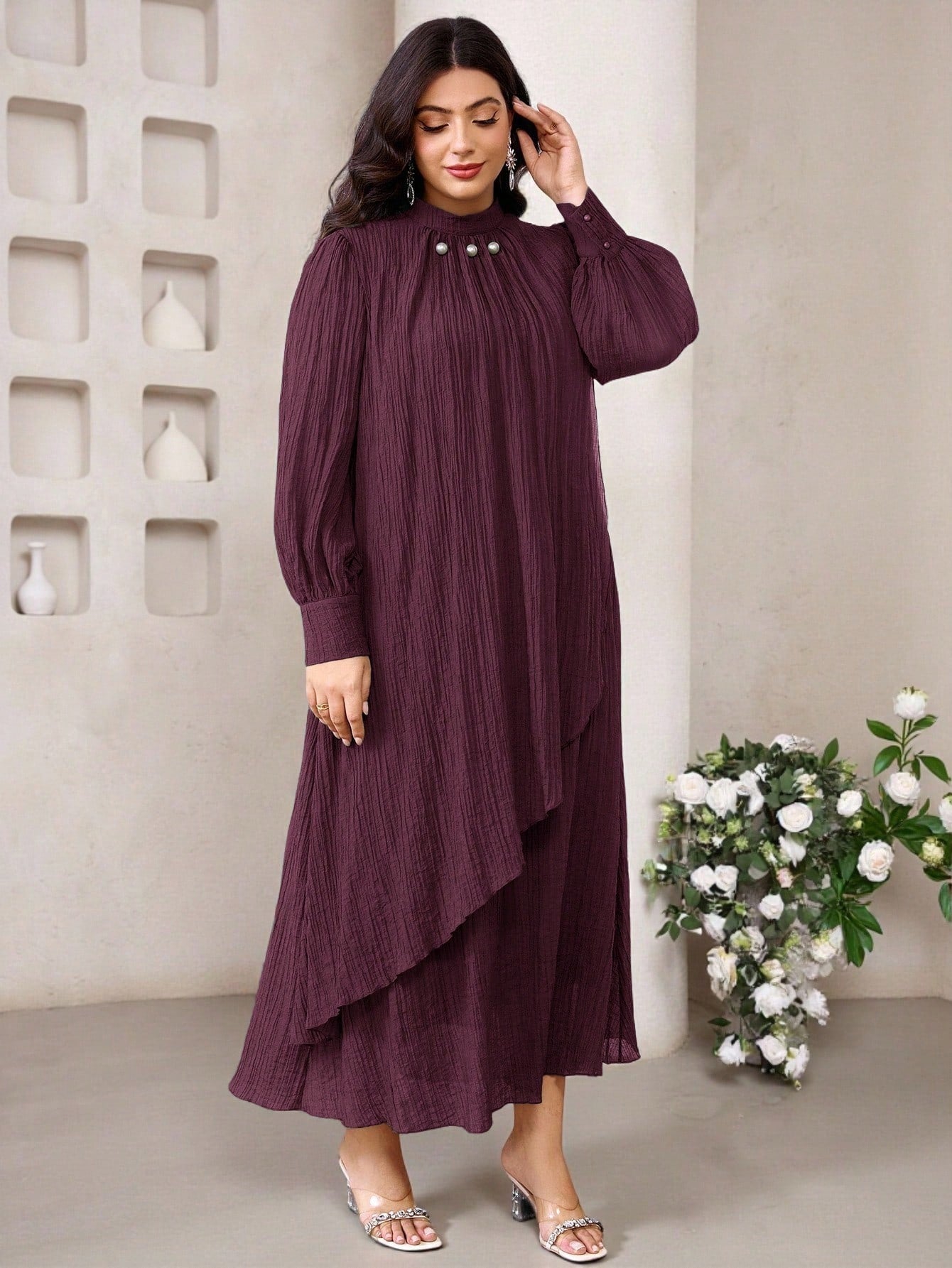 SHEIN Veilorie فستان كاجوال فضفاض بياقة عالية وأكمام طويلة مقاسات كبيرة