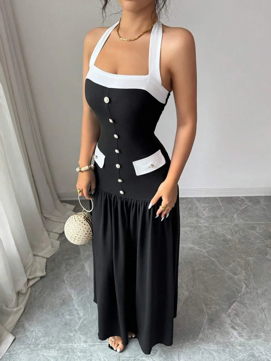 SHEIN Elenzya فستان أنيق بياقة حلقة وأزرار متباينة الألوان