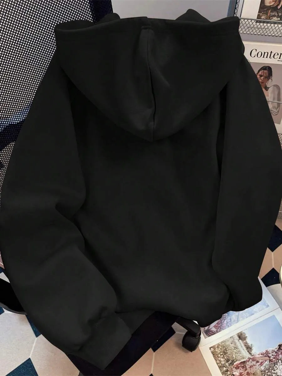SHEIN Resyla هودي نسائي فضفاض بسحاب ورباط بلون الأسود