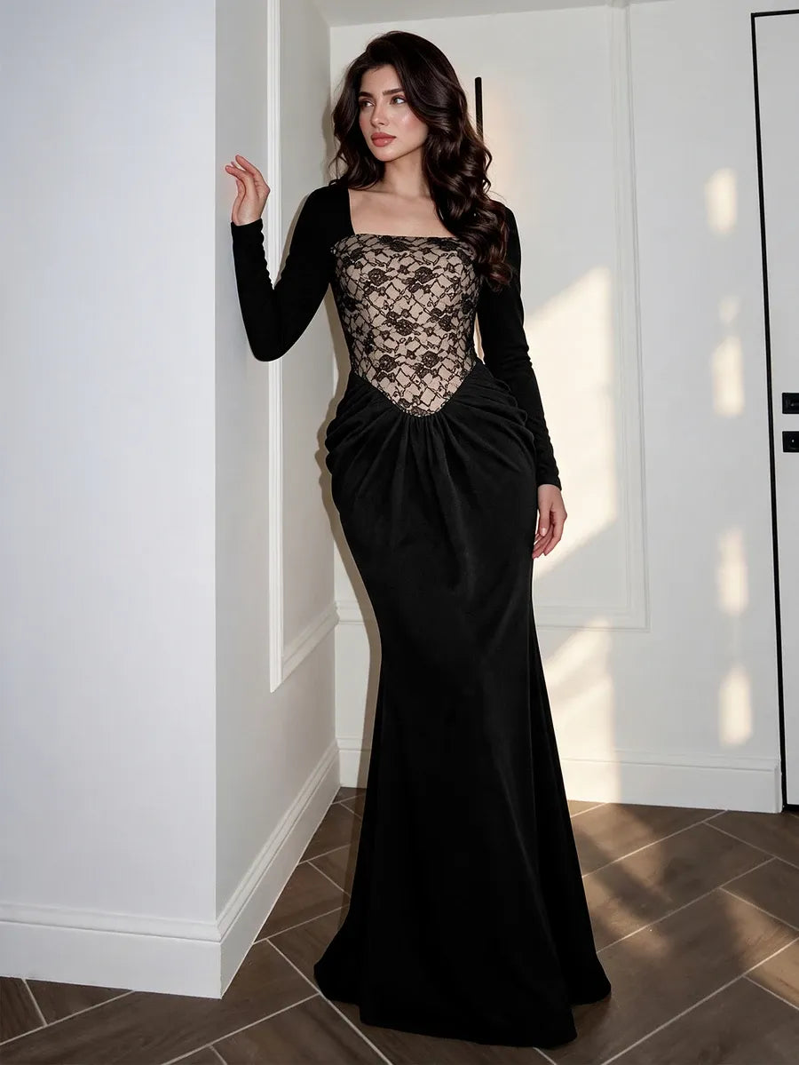 SHEIN Modelyn فستان مخملي ماكسي بياقة مربعة وكورسيه دانتيل وخصر مكشكش بلون أسود