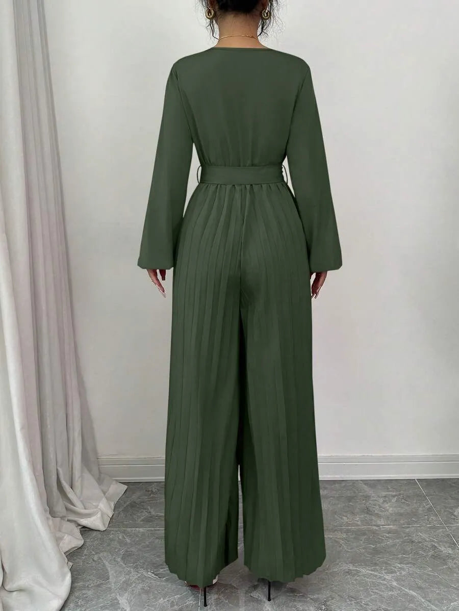SHEIN Elenzga جمبسوت نسائي بياقة وأكمام منتفخة وساق واسعة بخصر عالٍ بلون أخضر عسكري