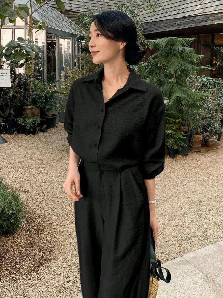 SHEIN DAZY طقم نسائي قطعتين بلوزة بياقة وأزرار أمامية وبنطال بجيوب بلون الأسود