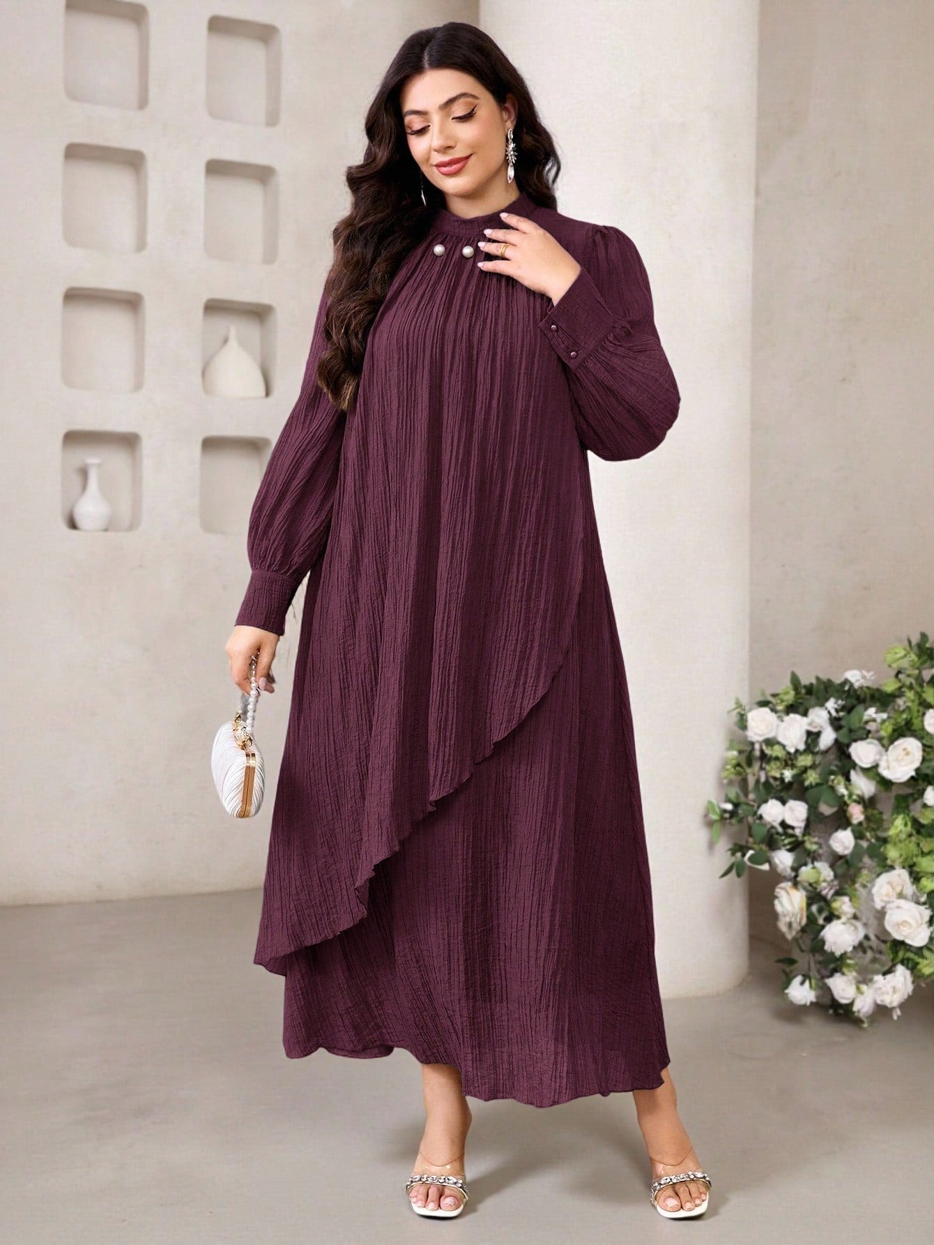 SHEIN Veilorie فستان كاجوال فضفاض بياقة عالية وأكمام طويلة مقاسات كبيرة
