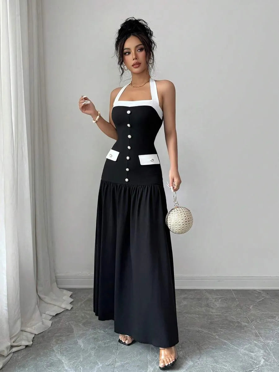 SHEIN Elenzya فستان أنيق بياقة حلقة وأزرار متباينة الألوان