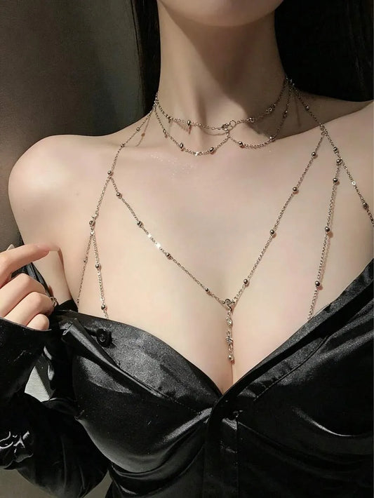 SHEIN سلسلتان للجسم مرصعتان بالراينستون والخرز للنساء