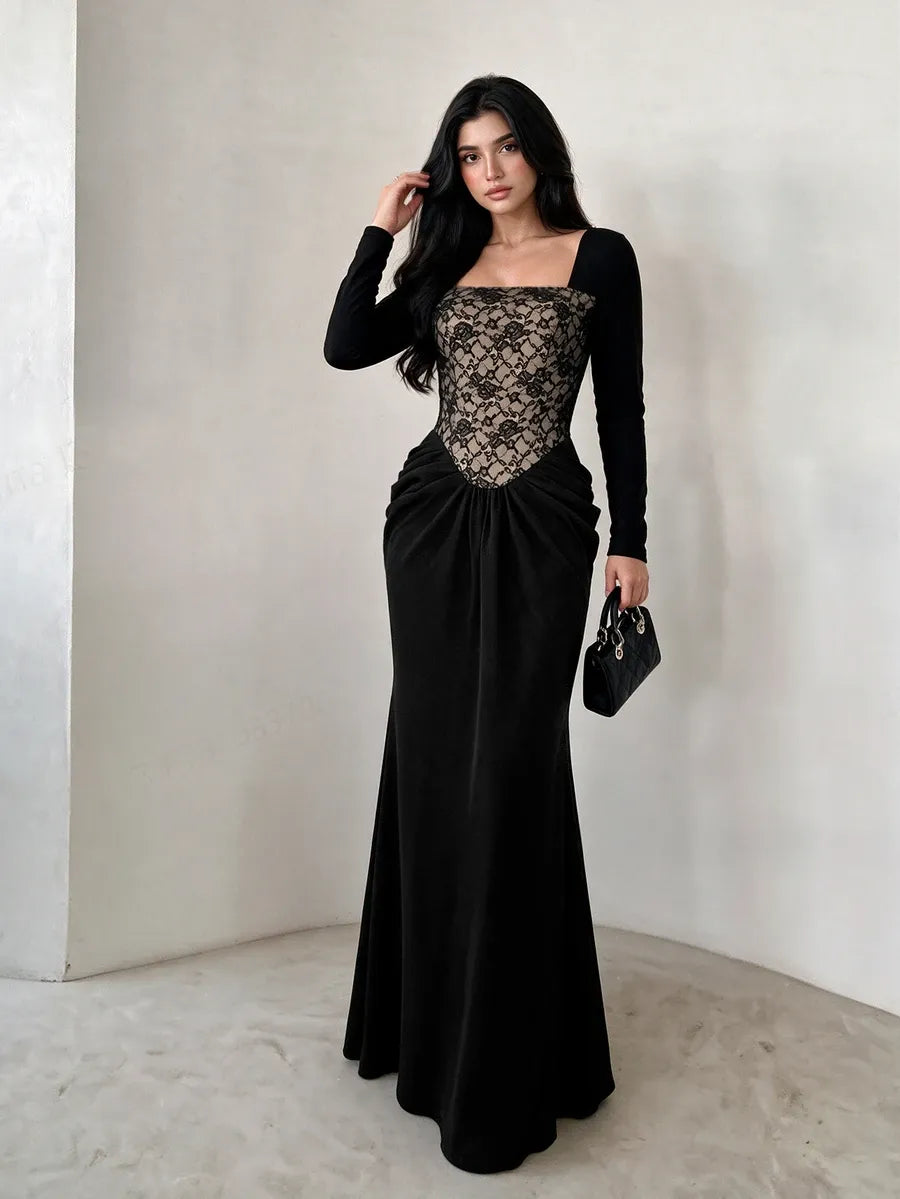 SHEIN Modelyn فستان مخملي ماكسي بياقة مربعة وكورسيه دانتيل وخصر مكشكش بلون أسود