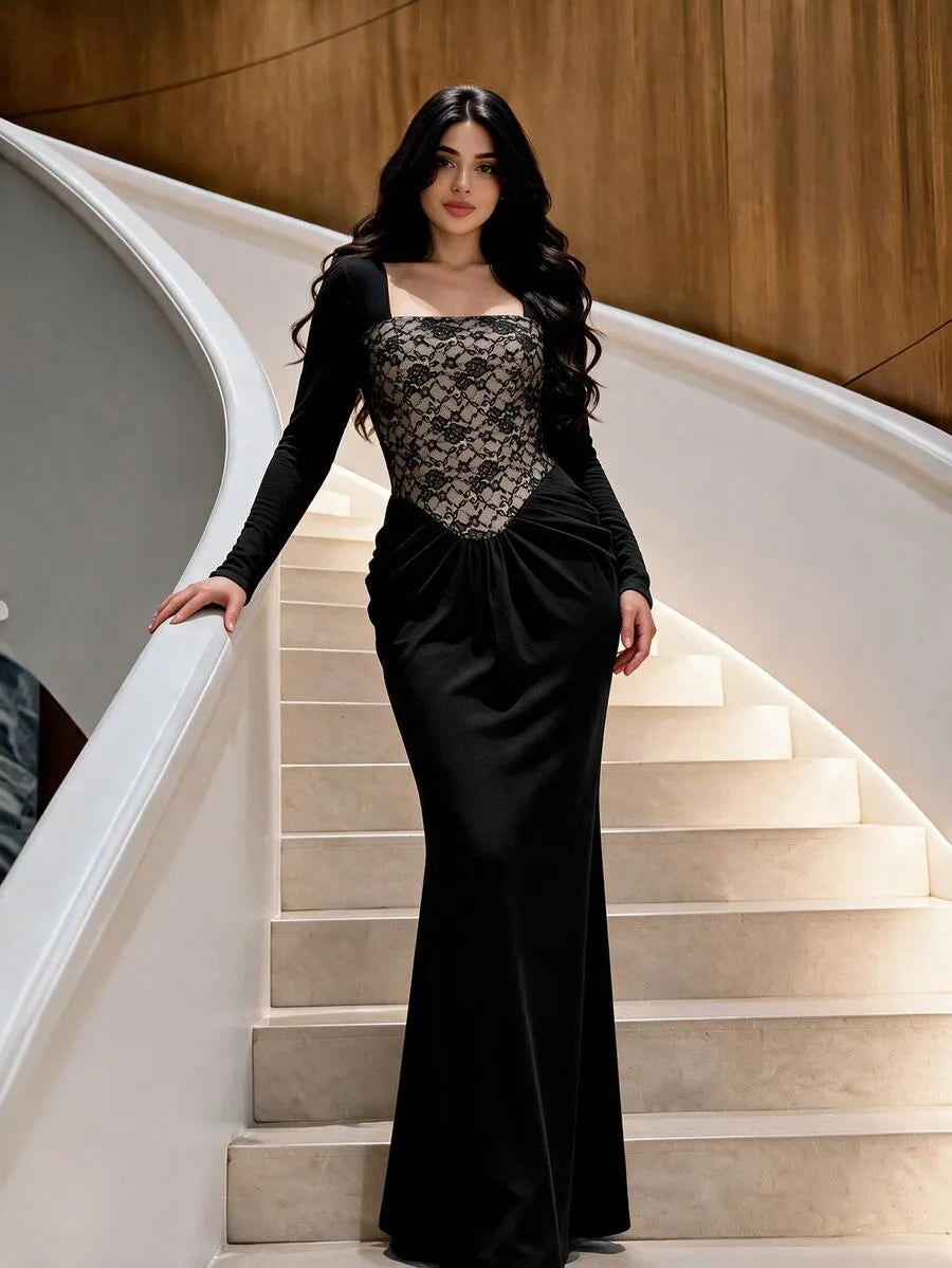 SHEIN Modelyn فستان مخملي ماكسي بياقة مربعة وكورسيه دانتيل وخصر مكشكش بلون أسود