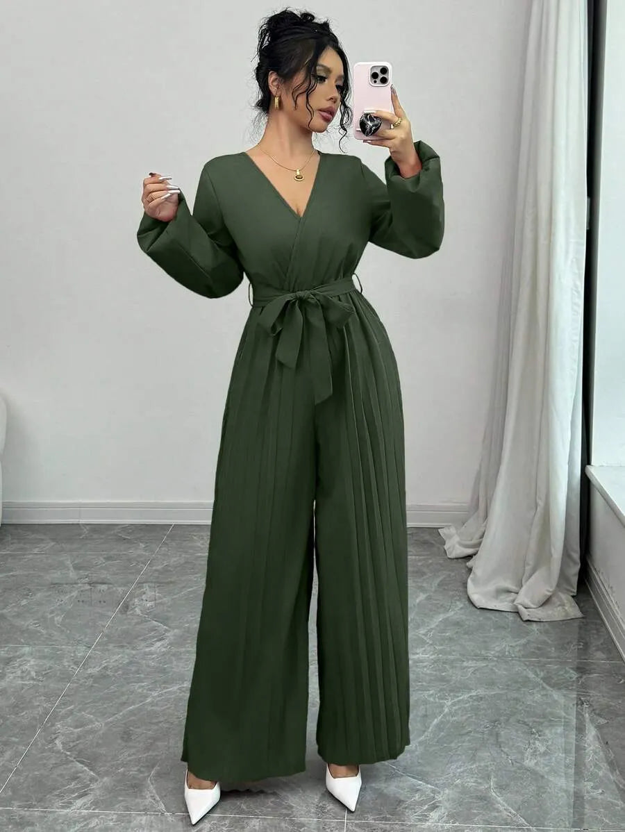 SHEIN Elenzga جمبسوت نسائي بياقة وأكمام منتفخة وساق واسعة بخصر عالٍ بلون أخضر عسكري