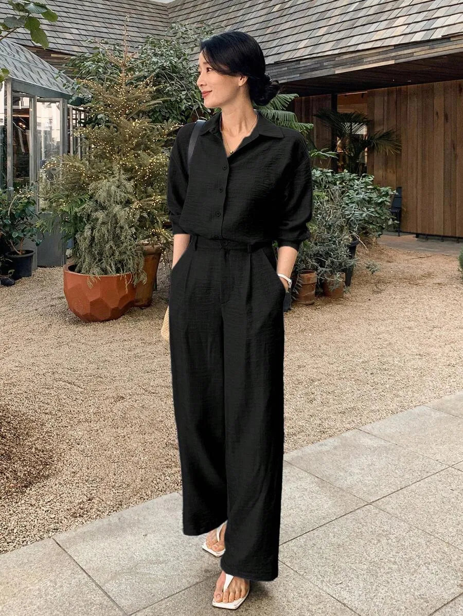 SHEIN DAZY طقم نسائي قطعتين بلوزة بياقة وأزرار أمامية وبنطال بجيوب بلون الأسود