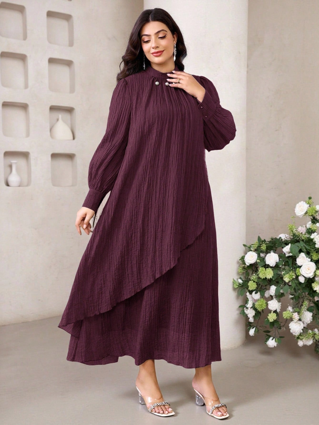 SHEIN Veilorie فستان كاجوال فضفاض بياقة عالية وأكمام طويلة مقاسات كبيرة