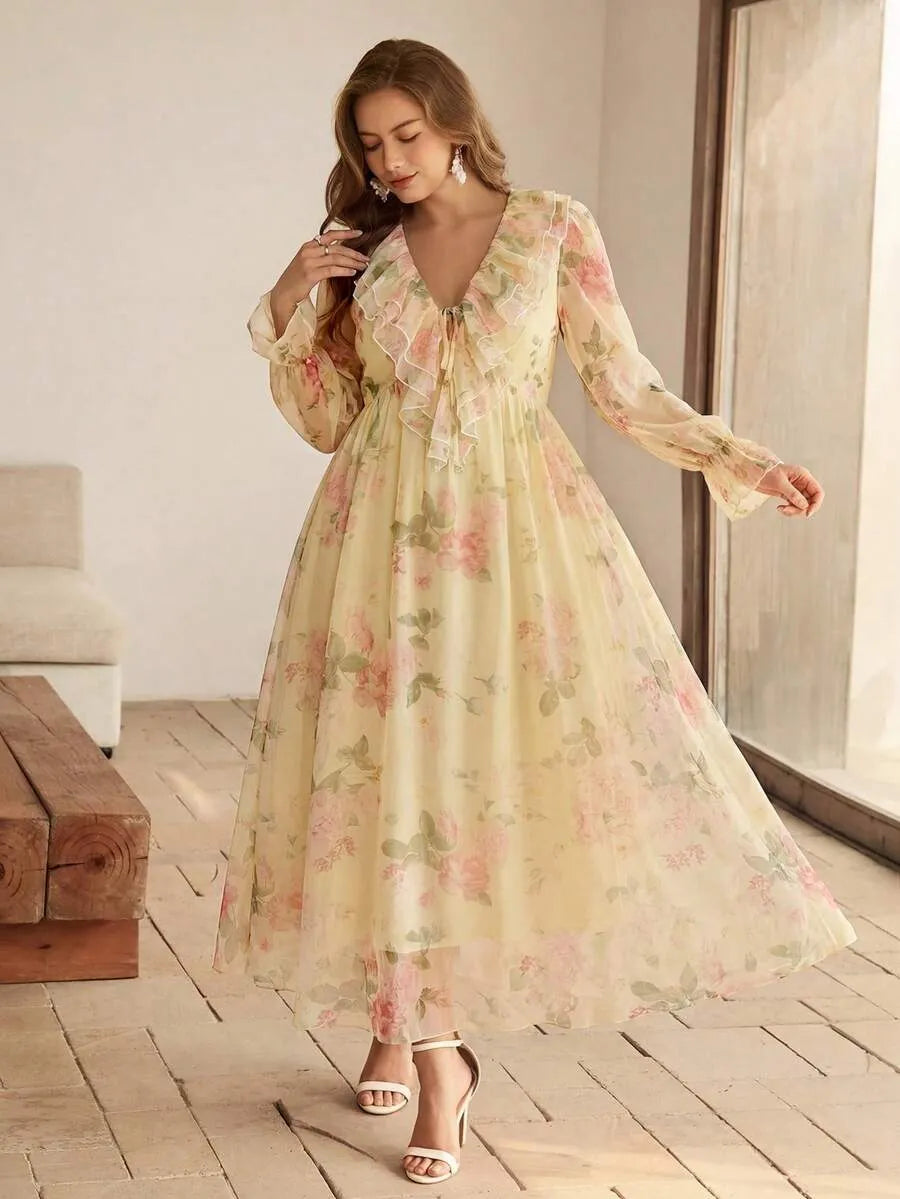 SHEIN Roveilla فستان نسائي بياقة ونقشة زهور بلون أصفر فاتح