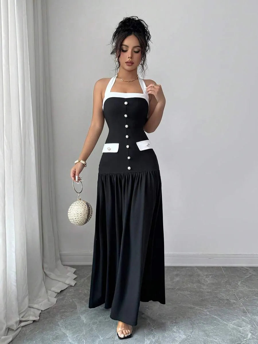 SHEIN Elenzya فستان أنيق بياقة حلقة وأزرار متباينة الألوان