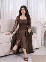 SHEIN Feyla فستان دانتيل ماكسي بياقة مربعة وأكمام طويلة وحافة غير متماثلة بلون بني قهوة
