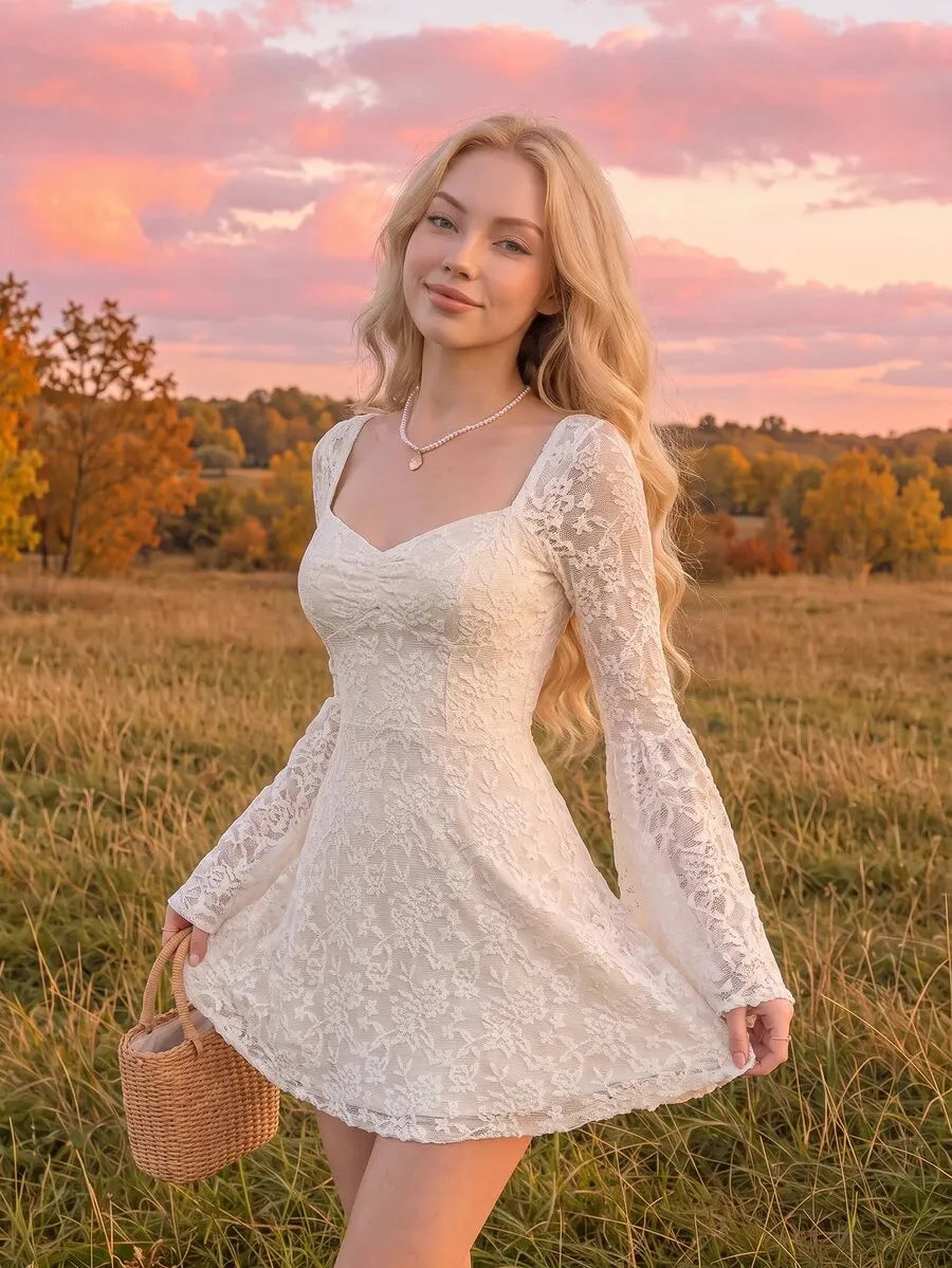 SHEIN MOD فستان نسائي ميني بياقة قلب وأكمام دانتيل واسعة بلون أبيض
