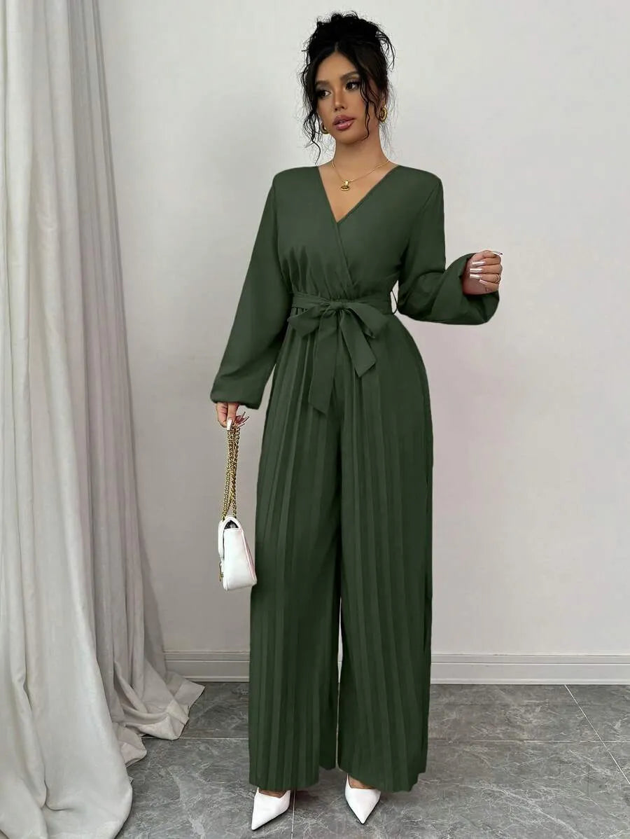 SHEIN Elenzga جمبسوت نسائي بياقة وأكمام منتفخة وساق واسعة بخصر عالٍ بلون أخضر عسكري