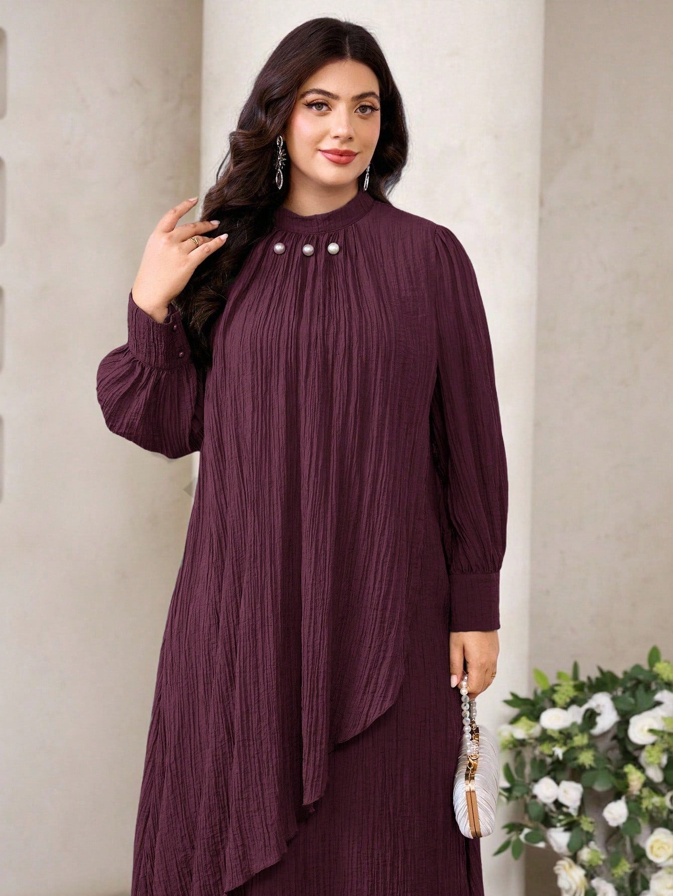 SHEIN Veilorie فستان كاجوال فضفاض بياقة عالية وأكمام طويلة مقاسات كبيرة