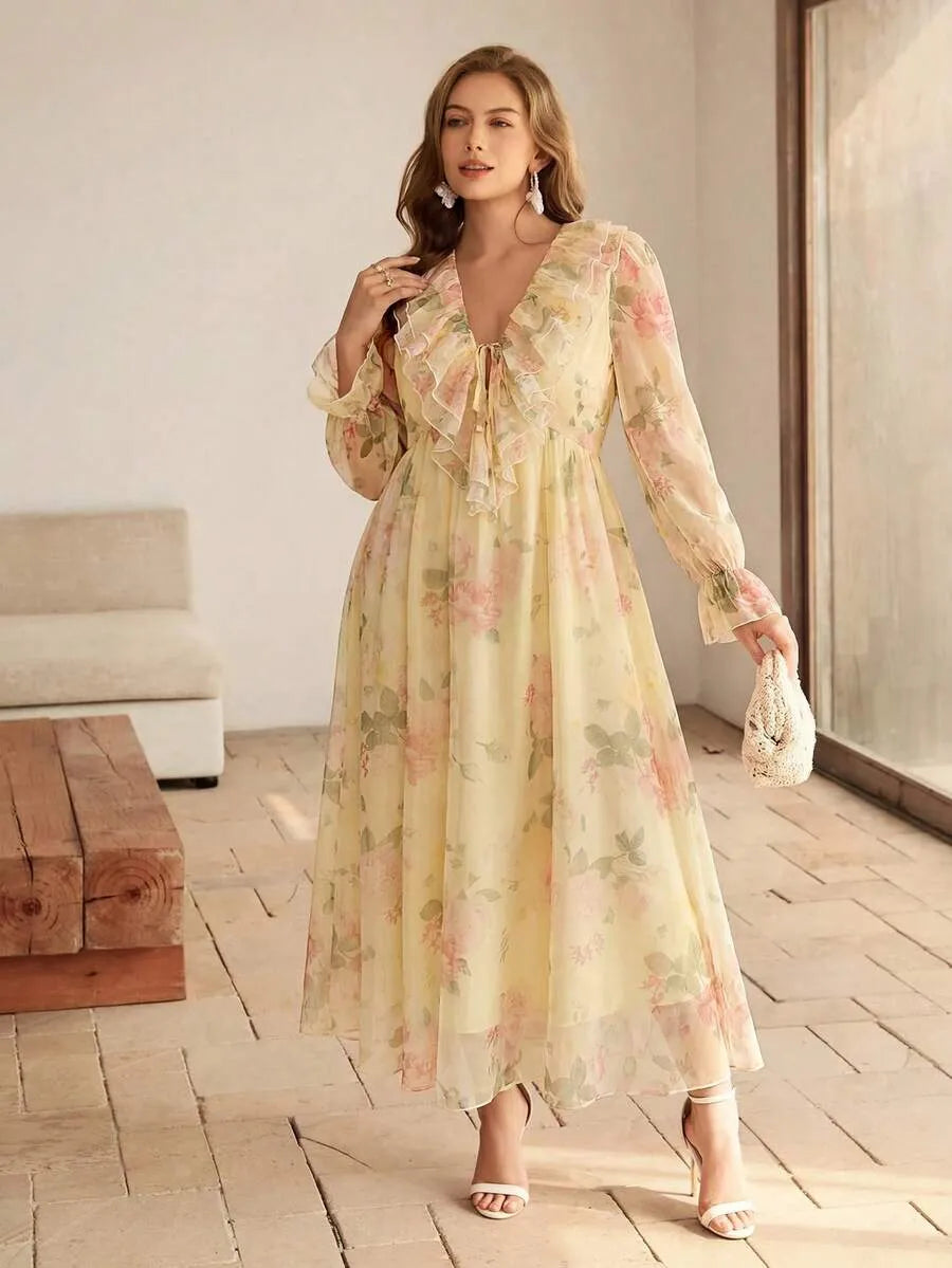 SHEIN Roveilla فستان نسائي بياقة ونقشة زهور بلون أصفر فاتح