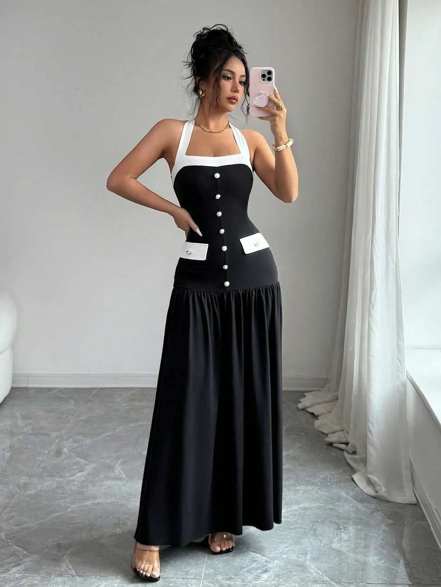 SHEIN Elenzya فستان أنيق بياقة حلقة وأزرار متباينة الألوان