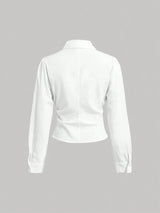SHEIN MOD قميص نسائي بياقة وأكمام طويلة وأزرار أمامية ومشد خصر بلون أزرق وأبيض