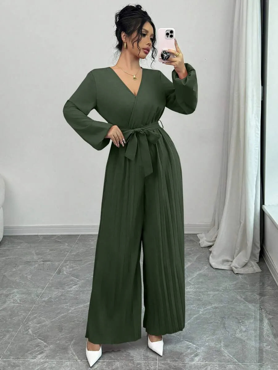 SHEIN Elenzga جمبسوت نسائي بياقة وأكمام منتفخة وساق واسعة بخصر عالٍ بلون أخضر عسكري